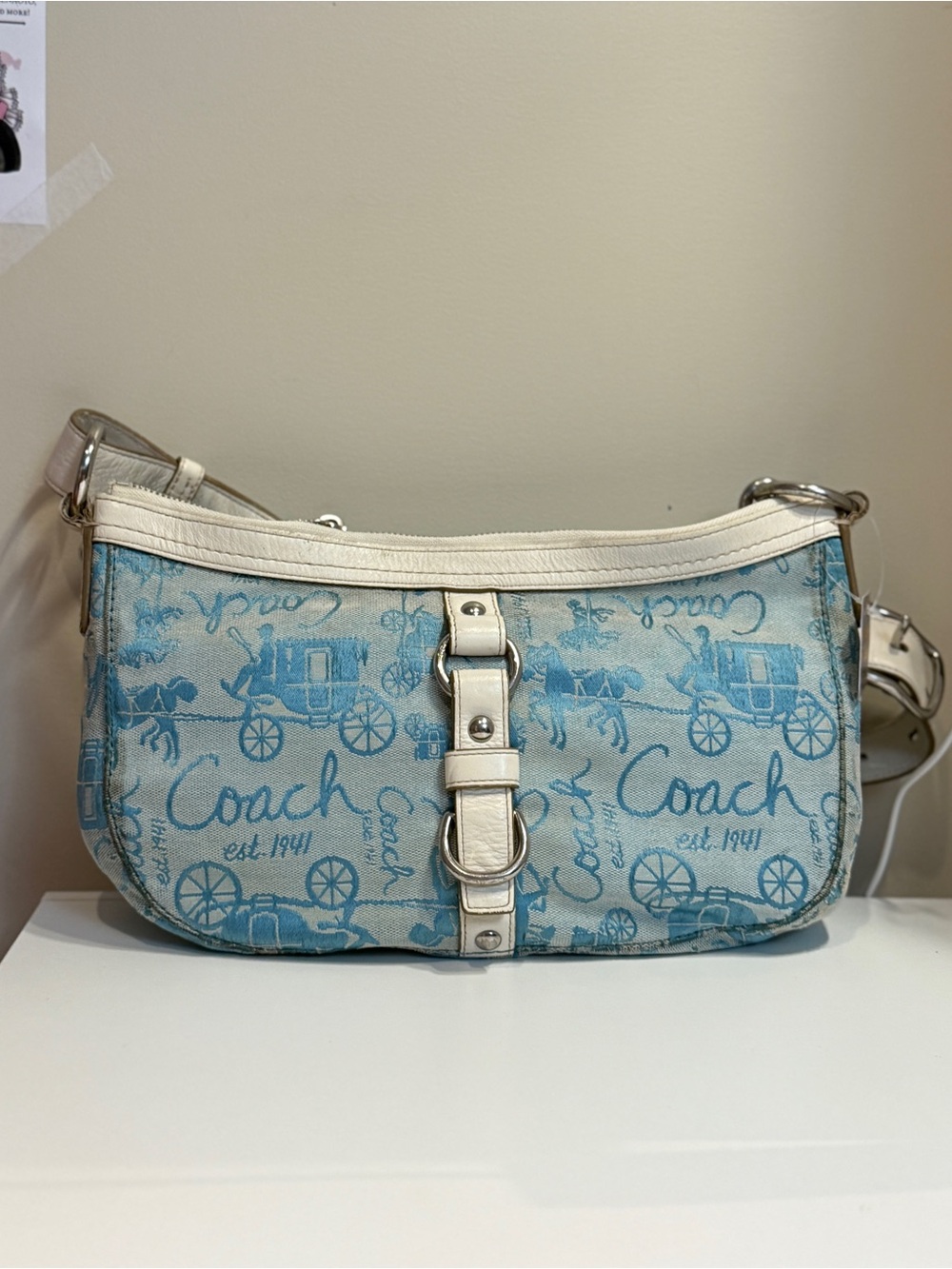 Coach Blue Signature Canvas Shoulder Bag with White Trim